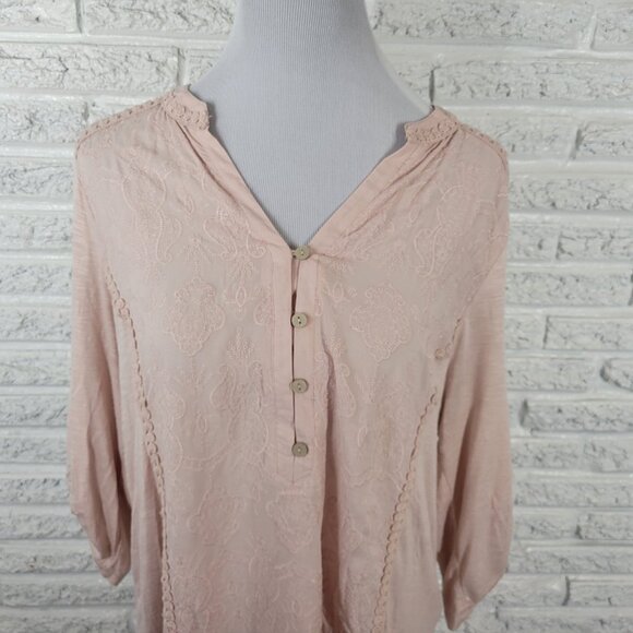 Democracy Womens Top XL Roll Tab 3/4 Sleeve Pink Embroidered Ric Rac PIN35E - Picture 3 of 9